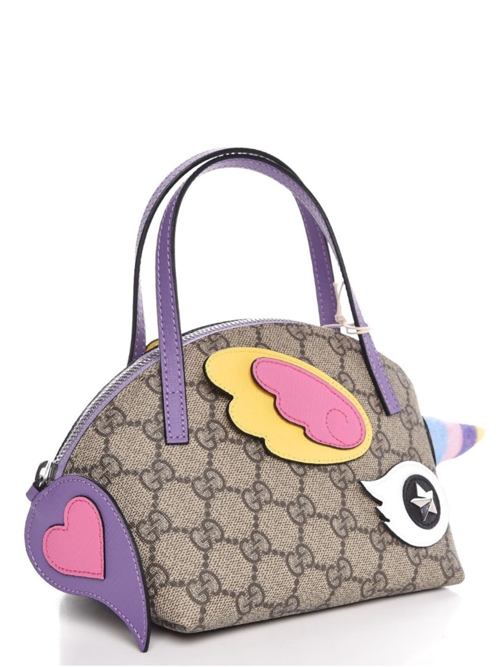 Gucci Beige GG Supreme Mini Dome Satchel with Purple Trim and Colorful Appliqués - Picture 3 of 9